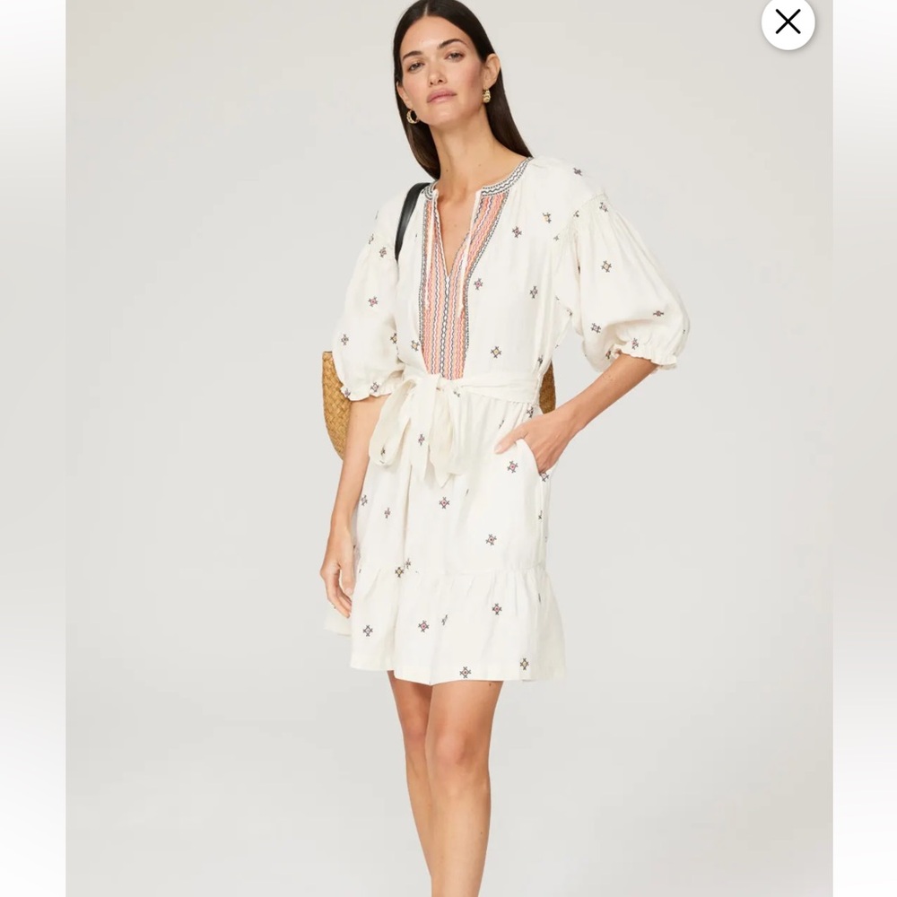 Marine Layer Peyton Mini Dress in Cream Tiered Boho Embroidered Linen blend XL